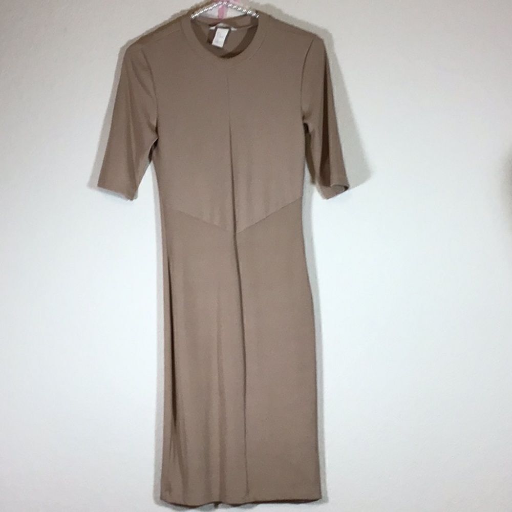H&M Dress Tan Body Con Stretch Ribbed Knit Short Sleeve Size S